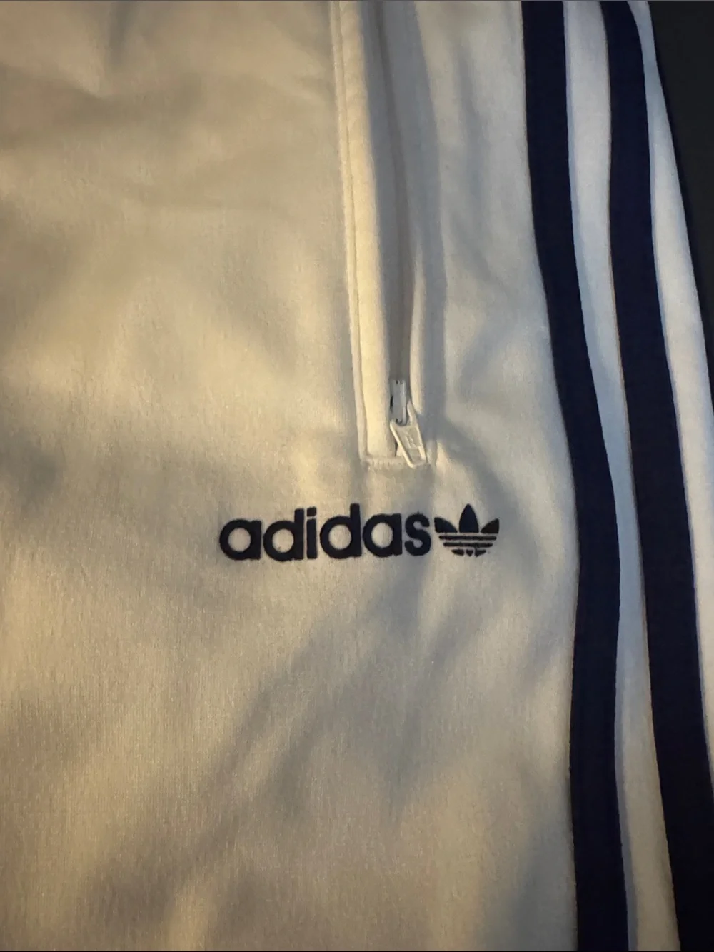 adidas White Track Pants with Navy Side Stripes